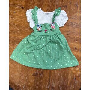 Green Polka Dot Bunny Jumper Dress With White Puff Sleeve Shirt Floral Accents &